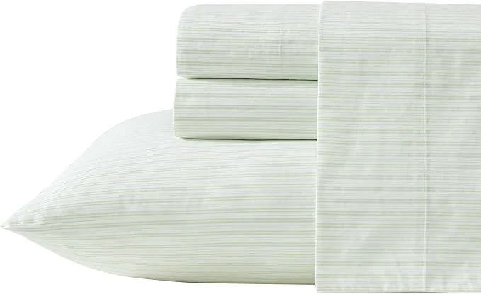 Traditional Laura Ashley - Queen Sheet Set Crisp amp Cool Cotton Percale Bed Sheets Deep Pockets Striped Bedding with Matching Fitted Sheet amp Pillowcases Bedford Skinny Stripe Green Excellent