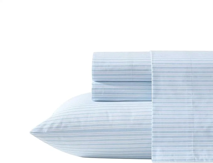 Premium Material Laura Ashley - King Sheet Set Crisp amp Cool Cotton Percale Bed Sheets Deep Pockets Striped Bedding with Matching Fitted Sheet amp Pillowcases Bedford Skinny Stripe Blue Genuine