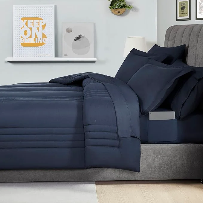Environmentally Friendly Queen Comforter Set Quilted Stripe Bedding Bundle – Comforter Mattress Protector Sheets with Pockets on the Side amp Built-in Corner Strap – Fitted Sheet Media Pocket for Devices Navy Blue Fashionable