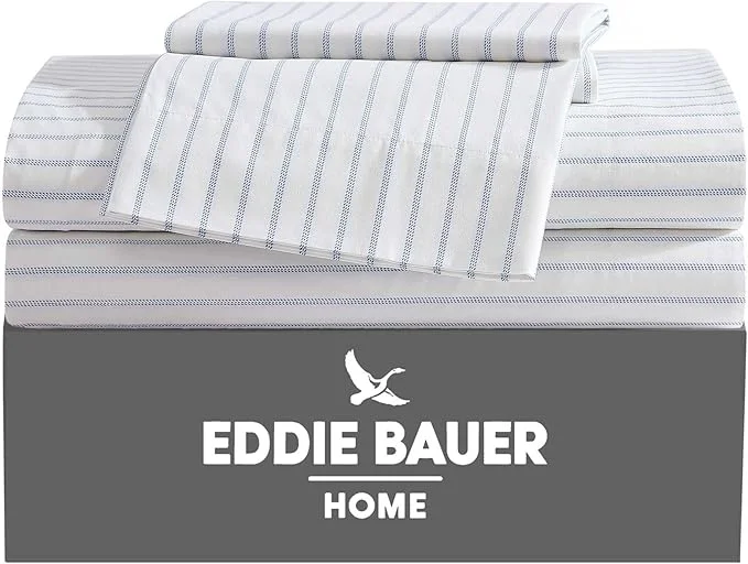 Enhanced Eddie Bauer - Twin Sheets Cotton Percale Bedding Set Crisp amp Cool Home Decor Essential Stripe White Twin Verified