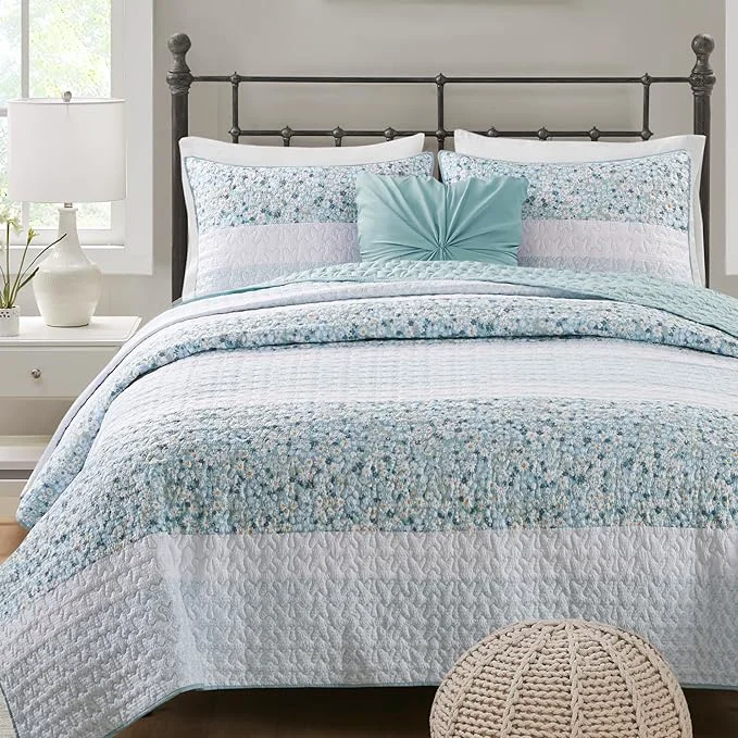 Fine Madison Park King Quilt Set Seersucker Floral Coverlet All Season Lightweight Microfiber Bedding Quilt Set Vermicelli Quilting Design Throw Pillow Caralie King Cal King Aqua 4 Piece Pure