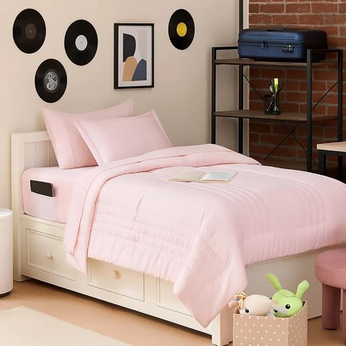 World-Class Twin Size Comforter Set Quilted Stripe Bedding Bundle – Comforter Mattress Protector Sheets with Pockets on the Side amp Built-in Corner Strap – Fitted Sheet Media Pocket for Devices Pale Pink High-Performance