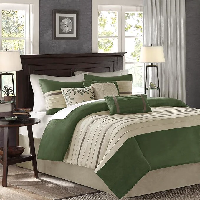 Breathable Madison Park Cozy Comforter Set-Luxury Faux Suede Design Striped Accent All Season Down Bedding Matching Shams Decorative Pillow Green California King 104 in x 92 in Comfortable