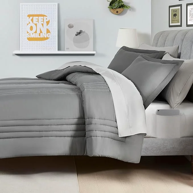 Minimalist Queen Comforter Set Quilted Stripe Bedding Bundle – Comforter Mattress Protector Sheets with Pockets on the Side amp Built-in Corner Strap – Fitted Sheet Media Pocket for Devices Gray Silver Powerful