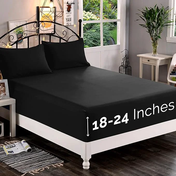 Breathable Elegant Comfort 1500 Premium Quality Fitted Sheet Ultra Soft 18-24 Inch Extra Deep Pocket - Single Fitted Sheet for High Mattress - Wrinkle with Smart Storage Pockets Twin Twin XL Black Environmentally Friendly