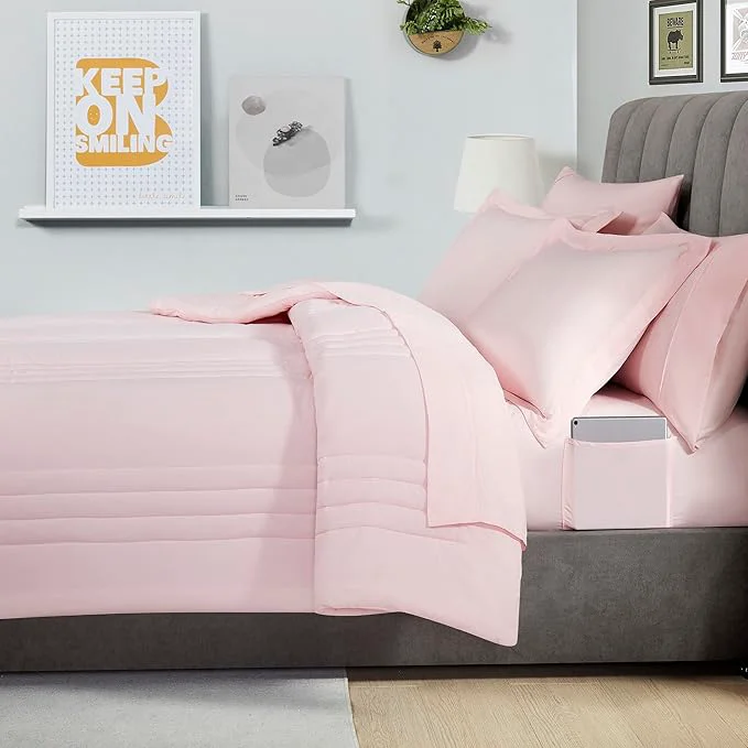 Certified Full Size Comforter Set Quilted Stripe Bedding Bundle – Comforter Mattress Protector Sheets with Pockets on the Side amp Built-in Corner Strap – Fitted Sheet Media Pocket for Devices Pale Pink Reliable