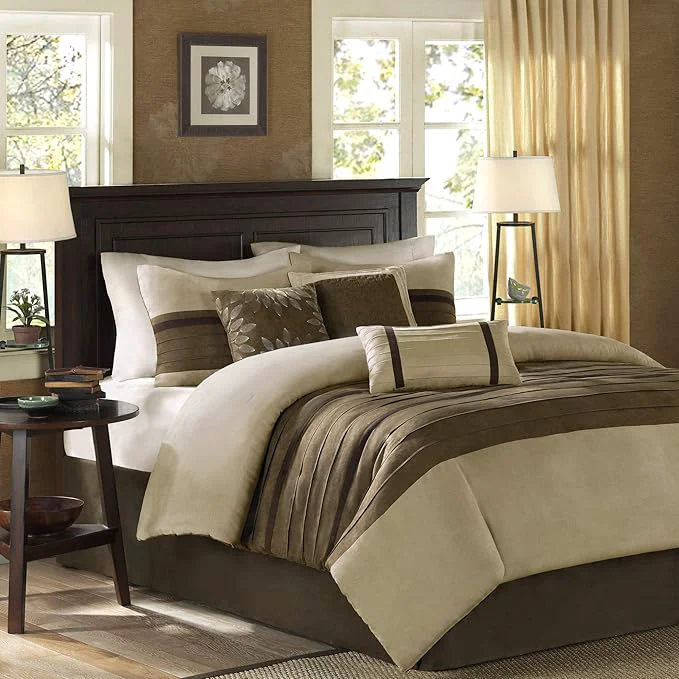 Classic Madison Park Palmer Comforter Set - Faux Suede Design Striped Accent All Season Down Bedding Matching Shams Decorative Pillow Bed Skirt King 104 in x 92 in Natural 7 Piece Clean