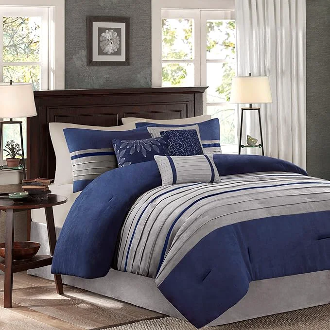 Casual Madison Park Palmer Comforter Set-Luxury Faux Suede Design Striped Accent All Season Down Bedding Matching Shams Decorative Pillow Bed Skirt Queen 90 in x 90 in Blue 7 Piece Fast