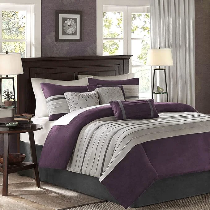 High-End Madison Park Palmer Comforter Set - Faux Suede Design Striped Accent All Season Down Bedding Matching Shams Decorative Pillow Bed Skirt Full 82 in x 90 in Purple 7 Piece Innovative