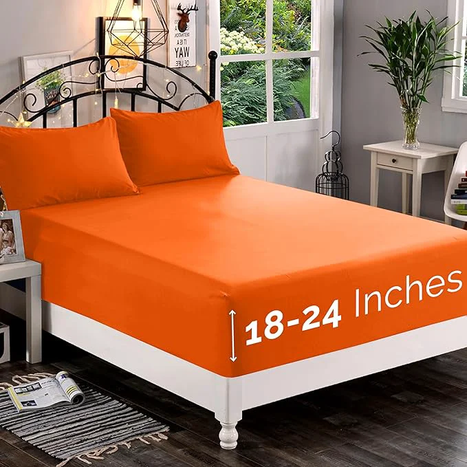 Traditional Elegant Comfort 1500 Premium Quality Fitted Sheet Ultra Soft 18-24 Inch Extra Deep Pocket - Single Fitted Sheet for High Mattress - Wrinkle with Smart Storage Pockets Twin Twin XL Orange Powerful