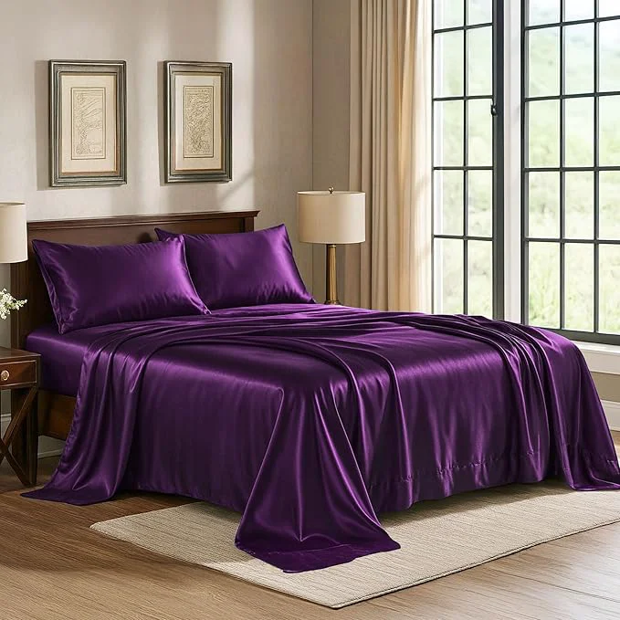 Secure Satin Sheets Queen 4-Piece Purple Hotel Luxury Silky Bed Sheets - Extra Soft 1800 Microfiber Sheet Set Wrinkle Fade Stain Resistant - Deep Pocket Fitted Sheet Flat Sheet Pillow Cases High-End