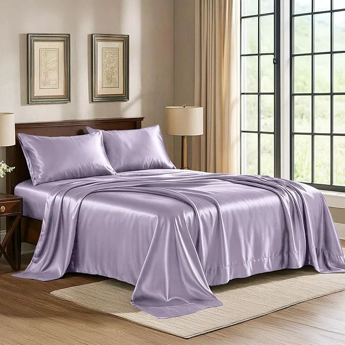 Next-Generation Satin Sheets King 4-Piece Lavender Hotel Luxury Silky Bed Sheets - Extra Soft 1800 Microfiber Sheet Set Wrinkle Fade Stain Resistant - Deep Pocket Fitted Sheet Flat Sheet Pillow Cases Long-Lasting