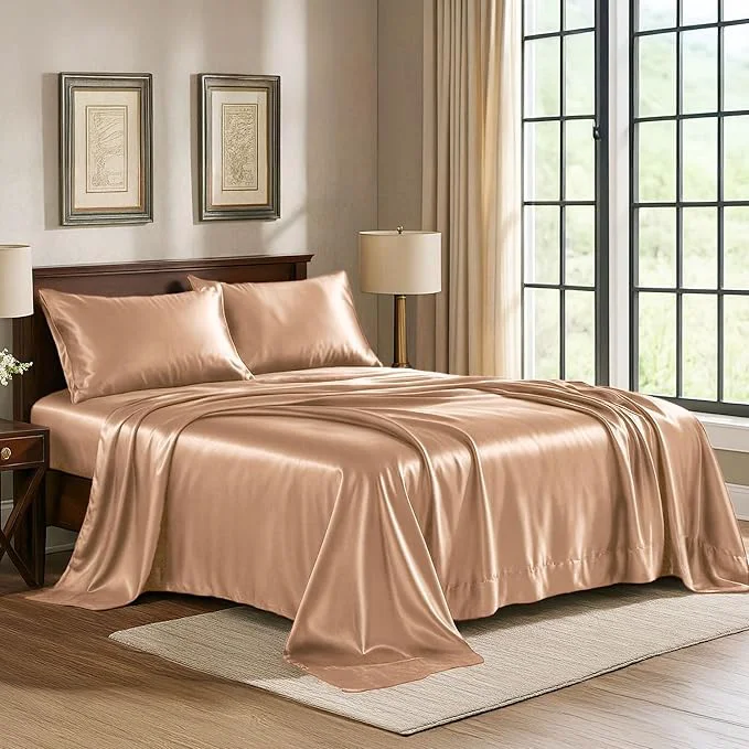 Selected Satin Sheets Full 4-Piece Rose Gold Hotel Luxury Silky Bed Sheets - Extra Soft 1800 Microfiber Sheet Set Wrinkle Fade Stain Resistant - Deep Pocket Fitted Sheet Flat Sheet Pillow Cases