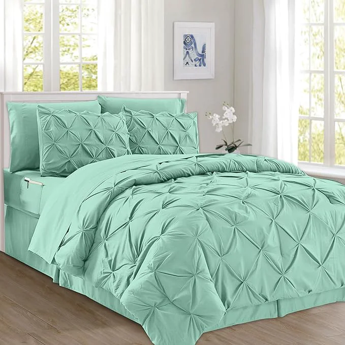 Versatile Elegant Comfort 8-Piece Pinch Pleated Comforter Set - All Season Complete Bed in a Bag Includes 4pc Smart Sheet Set Bed Skirt Comforter Matching Pillowcases and Shams King Cal King Mint Green Organic
