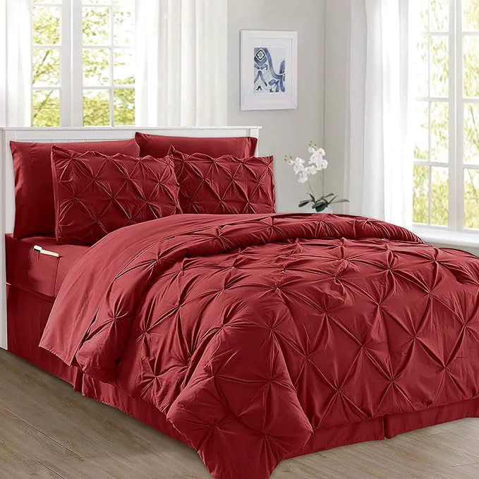 High-End Elegant Comfort 8-Piece Pinch Pleated Comforter Set - All Season Complete Bed in a Bag Includes 4pc Smart Sheet Set Bed Skirt Comforter Matching Pillowcases and Shams King Cal King Wine Red Fine Crafted