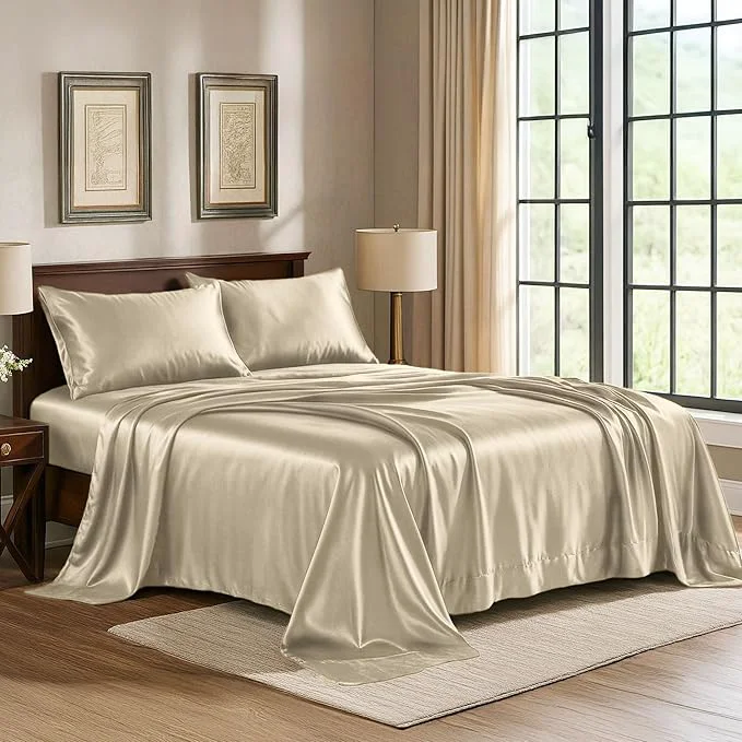 Reliable Satin Sheets Twin 3-Piece Champagne Gold Hotel Luxury Silky Bed Sheets - Extra Soft 1800 Microfiber Sheet Set Wrinkle Fade Stain Resistant - Deep Pocket Fitted Sheet Flat Sheet Pillow Cases Innovative