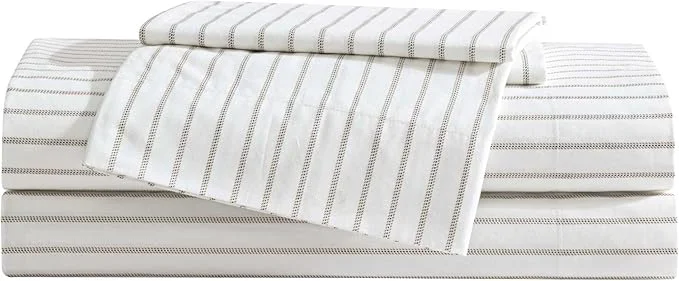 Optimized Eddie Bauer - Full Sheet Set Cotton Percale Bedding Set Super Soft and Bedding Set Oeko-Tex Essential Stripe Beige Full Sophisticated
