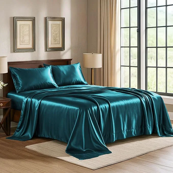 Organic Satin Sheets Queen 4-Piece Teal Hotel Luxury Silky Bed Sheets - Extra Soft 1800 Microfiber Sheet Set Wrinkle Fade Stain Resistant - Deep Pocket Fitted Sheet Flat Sheet Pillow Cases Innovative