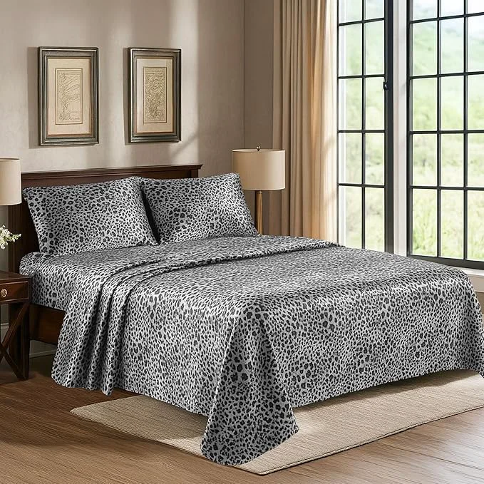 Versatile Satin Sheets Queen 4-Piece Silver Leopard Hotel Luxury Silky Bed Sheets - Extra Soft 1800 Microfiber Sheet Set Wrinkle Fade Stain Resistant - Deep Pocket Fitted Sheet Flat Sheet Pillow Cases Prestigious