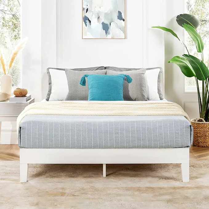 Soft Mellow Naturalista Grand 12 Inch Solid Wood Platform Bed with Wooden Slats Easy Assembly Queen White
