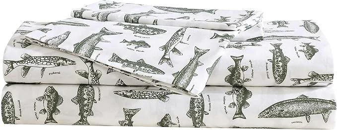 Healthy Eddie Bauer - Sheet Set Cotton Percale Bedding with Matching Pillowcase Crisp amp Breathable 200-Thread Count Classic Comfort Essentials Wes Fish Green Twin Enhanced