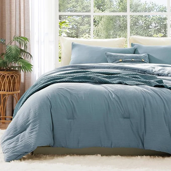 Recyclable WRENSONGE Full Size Comforter Sets - 3 Pieces Dusty Blue Comforter Prewashed Soft Lightweight for All Seasons Fluffy Down Comforter Full Size with 2 Pillow Shams Exclusive