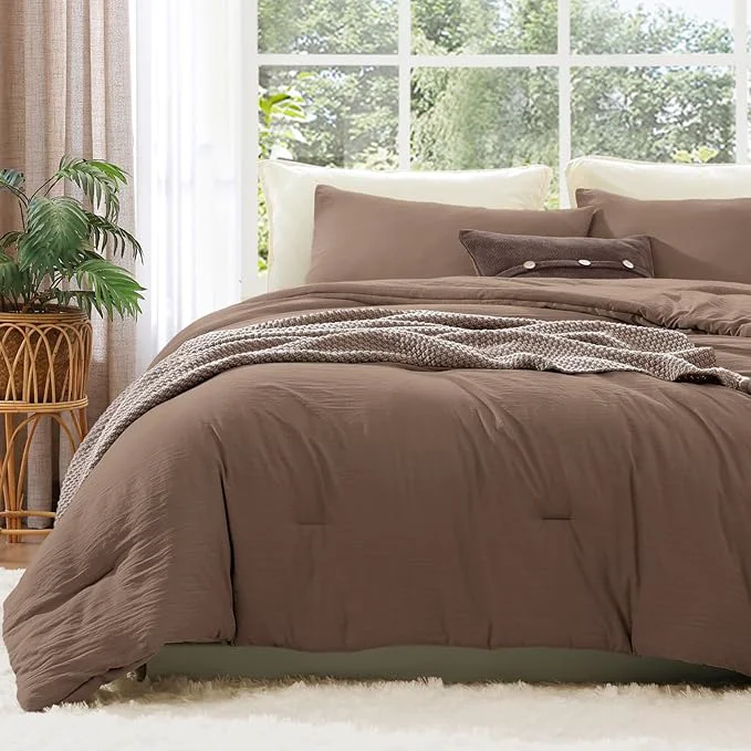 Environmentally Friendly WRENSONGE Queen Comforter Set - 3 Pieces Prewashed Brown Comforter Soft Lightweight for All Seasons Down Comforters Queen Size with 2 Pillow Shams Elite