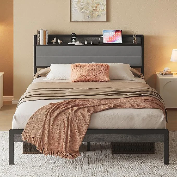 Trusted LIKIMIO Queen Bed Frame with Storage Headboard and LED Lights Metal Platform Bed with Charging Station Noise No Box Spring Needed Under Bed Storage Charcoal Gray Functional
