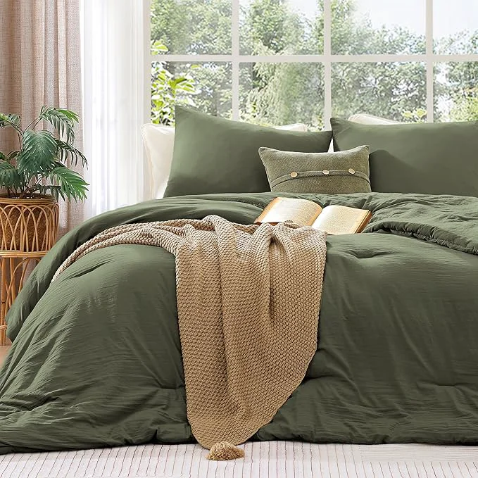 Efficient WRENSONGE Super King Comforter Set - 3 Pieces Prewashed Olive Green Comforter Soft Lightweight for All Seasons Down Comforters Super King Size with 2 Pillow Shams Durable