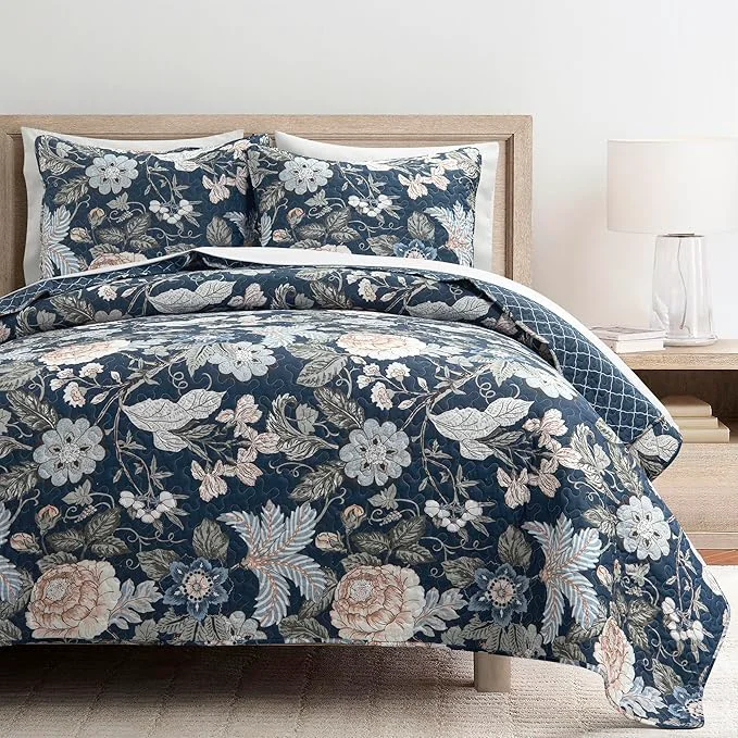 Dependable Lush Decor Sydney Reversible Cotton Quilt Set 3 Piece Set Full Queen Navy amp Multi - Cotton Bedding Set - Navy Floral Quilt - Cottage Decor - Bedding Queen Size Enhanced