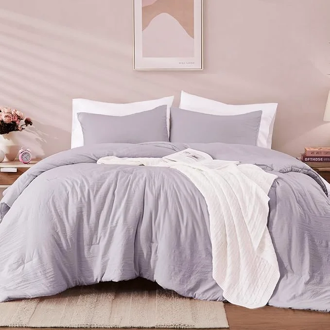 Secure WRENSONGE Queen Comforter Set - 3 Pieces Prewashed Lilac Comforter Soft Lightweight for All Seasons Down Comforters Queen Size with 2 Pillow Shams Reusable