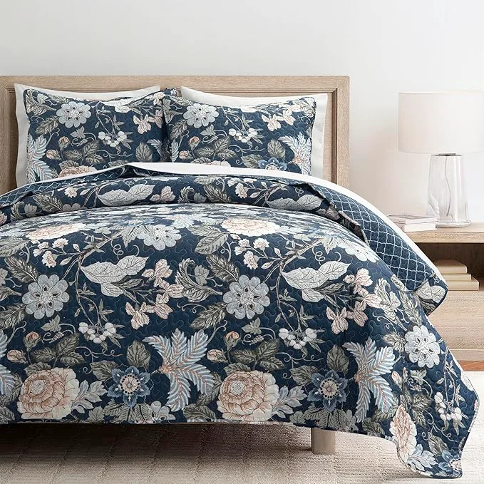 Original Lush Decor Sydney Reversible Cotton Quilt Set 3 Piece Set King Navy amp Multi - Cotton Bedding Set - Navy Floral Quilt - Cottage Decor - Bedding King Size Comfortable