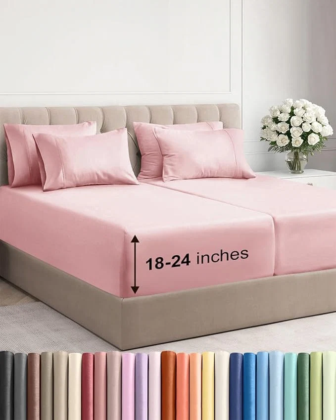 Fine Crafted Extra Deep Split King Sheet Set - 7 Piece Breathable and Cooling Sheets - Hotel Luxury Bedding for Women Men Kids amp Teens - Easy Secure Fit - Soft and Wrinkle - Extra Deep Pockets - Baby Pink Proven