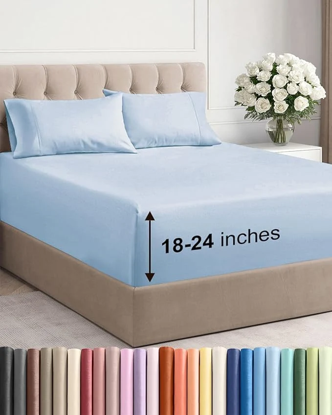 Fast Extra Deep Twin XL Sheet Set - 4 Piece Breathable and Cooling Sheets - Hotel Luxury Bedding for Women Men Kids amp Teens - Easy Secure Fit - Soft Wrinkle amp Comfy - Extra Deep Pockets - Sky Blue High-Quality