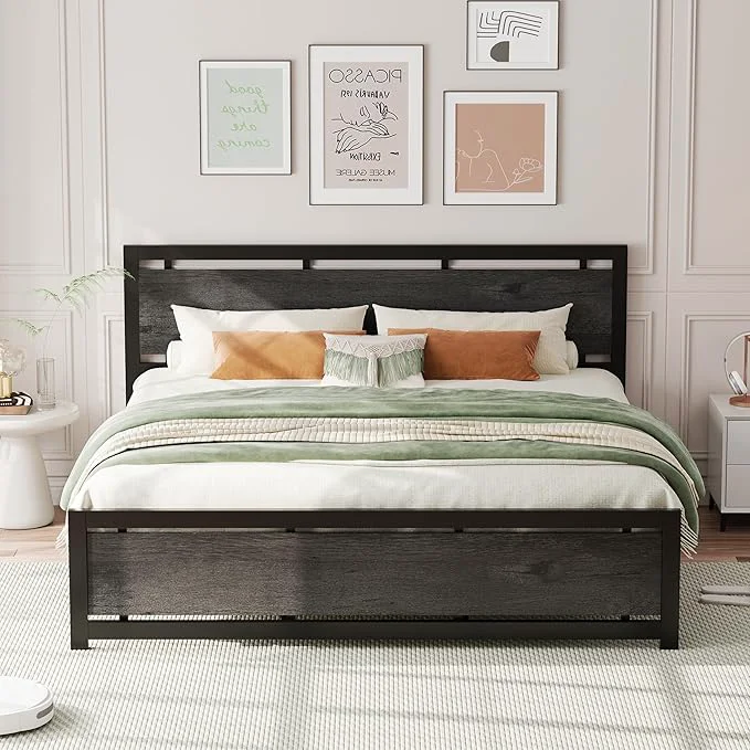 Official LIKIMIO King Bed Frame with Headboard and Footboard Metal Strong Supports Easy Assembly Noise- No Box Spring Needed Charcoal Grey Practical