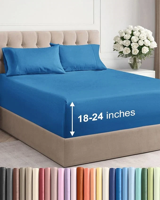 Smooth Extra Deep Twin XL Sheet Set - 4 Piece Breathable and Cooling Sheets - Hotel Luxury Bedding for Women Men Kids amp Teens - Easy amp Secure Fit - Soft and Wrinkle - Extra Deep Pockets - Denim Blue Natural