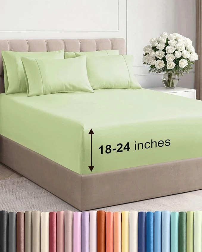 Functional Extra Deep Queen Sheet Set - 6 Piece Breathable and Cooling Sheets - Hotel Luxury Bedding for Women Men Kids amp Teens - Easy Secure Fit - Soft Wrinkle amp Comfy - Extra Deep Pockets - Light Sage Original Design
