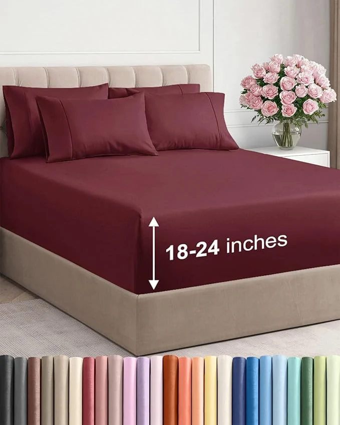 Extra Deep Cal King Sheet Set - 6 Piece Breathable and Cooling Sheets - Hotel Luxury Bedding for Women Men Kids amp Teens - Easy amp Secure Fit - Soft and Wrinkle - Extra Deep Pockets - Burgundy Official