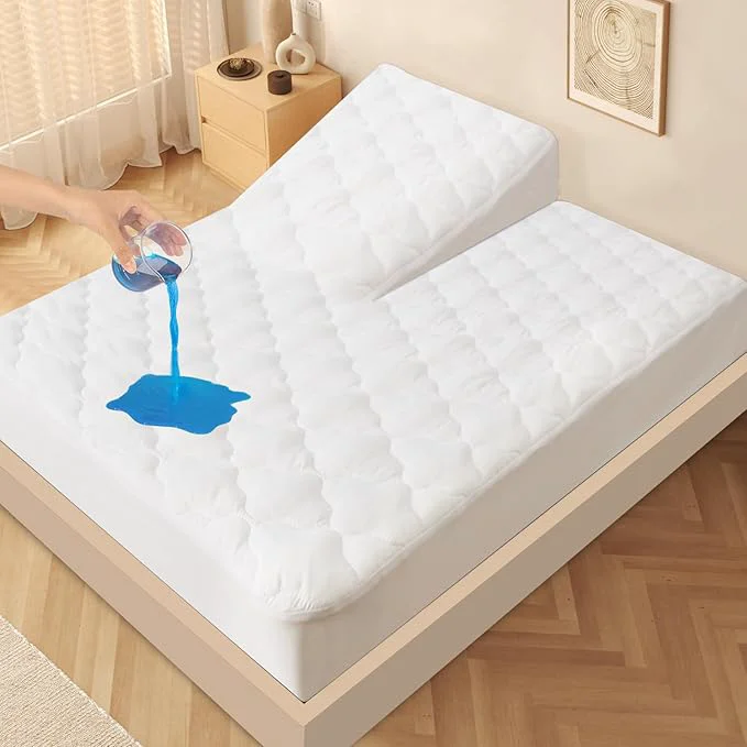 Functional Split Top King Mattress Protector Pad Waterproof Quilted 34 quot Top Split from Head Not Full Split King Mattress Cover for Adjustable Bed Up to 18 quot White Stylish