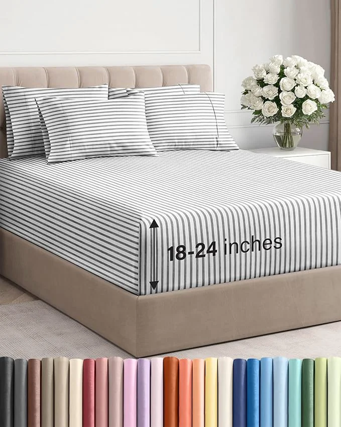 Safe Extra Deep Full Sheet Set - 6 Piece Breathable and Cooling Sheets - Hotel Luxury Bedding for Women Men Kids amp Teens - Easy amp Secure Fit - Soft and Wrinkle - Extra Deep Pockets - Grey Stripes Long-Lasting