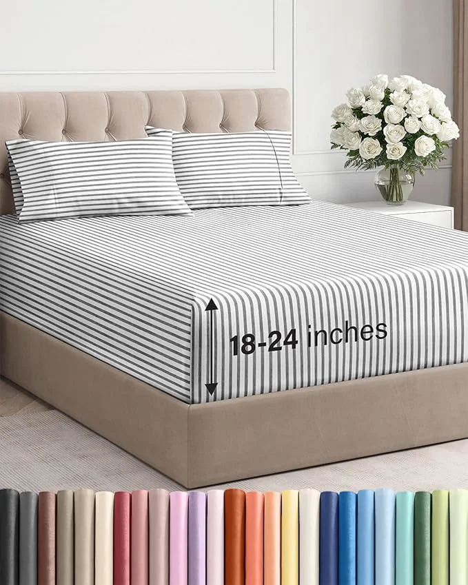 Top-Quality Extra Deep Twin Sheet Set - 4 Piece Breathable and Cooling Sheets - Hotel Luxury Bedding for Women Men Kids amp Teens - Easy amp Secure Fit - Soft and Wrinkle - Extra Deep Pockets - Grey Stripes Official
