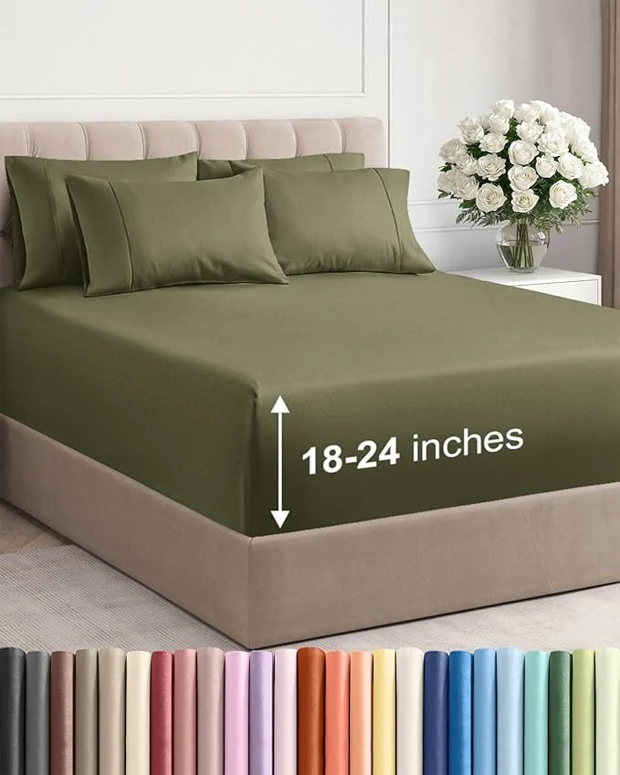 Natural Extra Deep King Sheet Set - 6 Piece Breathable and Cooling Sheets - Hotel Luxury Bedding for Women Men Kids amp Teens - Easy amp Secure Fit - Soft Wrinkle amp Comfy - Extra Deep Pockets - Sage Green First-Class