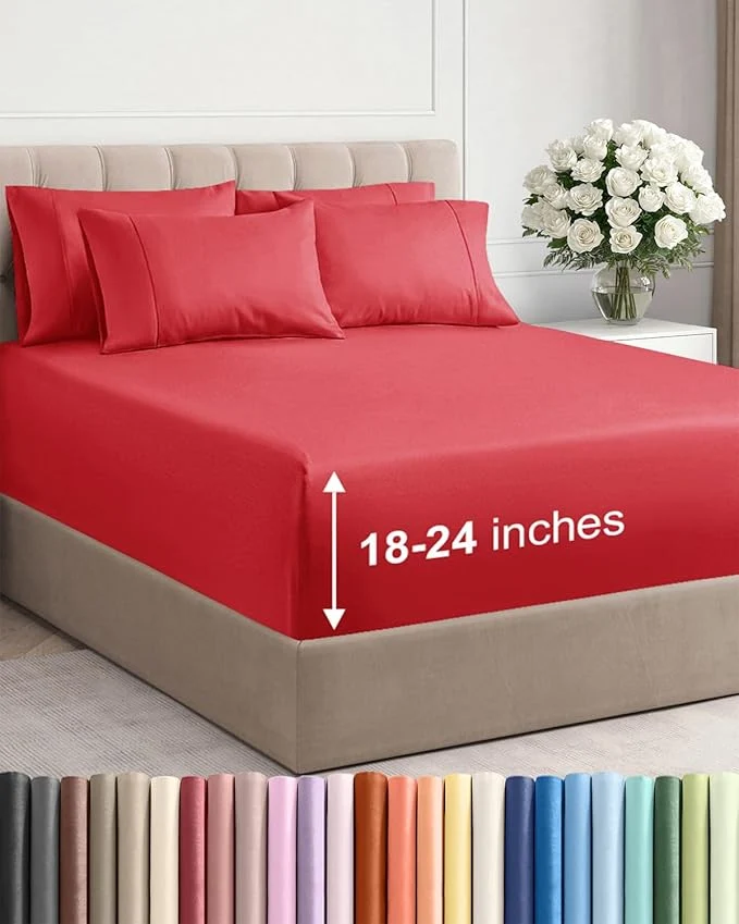 Authentic Extra Deep Full Sheet Set - 6 Piece Breathable and Cooling Sheets - Hotel Luxury Bedding for Women Men Kids amp Teens - Easy amp Secure Fit - Soft Wrinkle and Comfy with Extra Deep Pockets - Red Sophisticated
