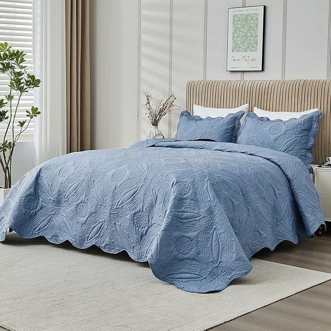 Powerful Oversized Cal King Bedspreads 120x120 for Extra Tall Split California King Bed Lightweight Quilted Coverlet Set 3 Pieces 1 Quilt 2 Pillow Shams Faded Denim Elite