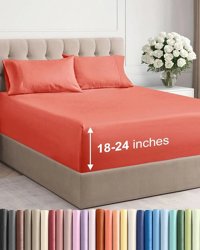 World-Class Extra Deep Twin Sheet Set - 4 Piece Breathable and Cooling Sheets - Hotel Luxury Bedding for Women Men Kids amp Teens - Easy amp Secure Fit - Soft Wrinkle and Comfy - Extra Deep Pockets - Coral Comfortable