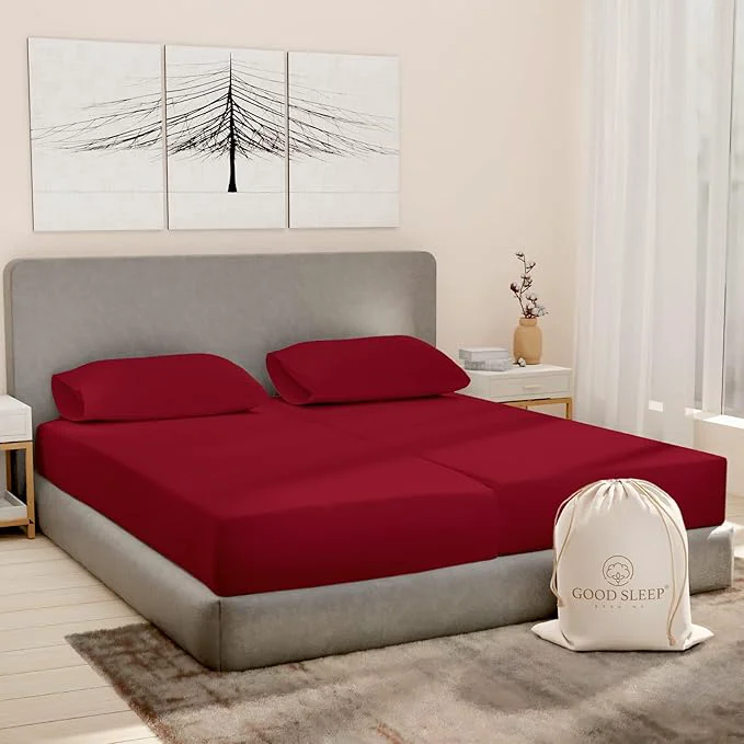 Convenient Good Sleep Bedding Split King Sheets Sets for Adjustable Bed Cotton Egyptian Cotton Sheets 5 Piece Cotton Split King Sheet Set Sateen Sheets 2 Fitted - 16 quot Deep Pocket Burgundy Breathable