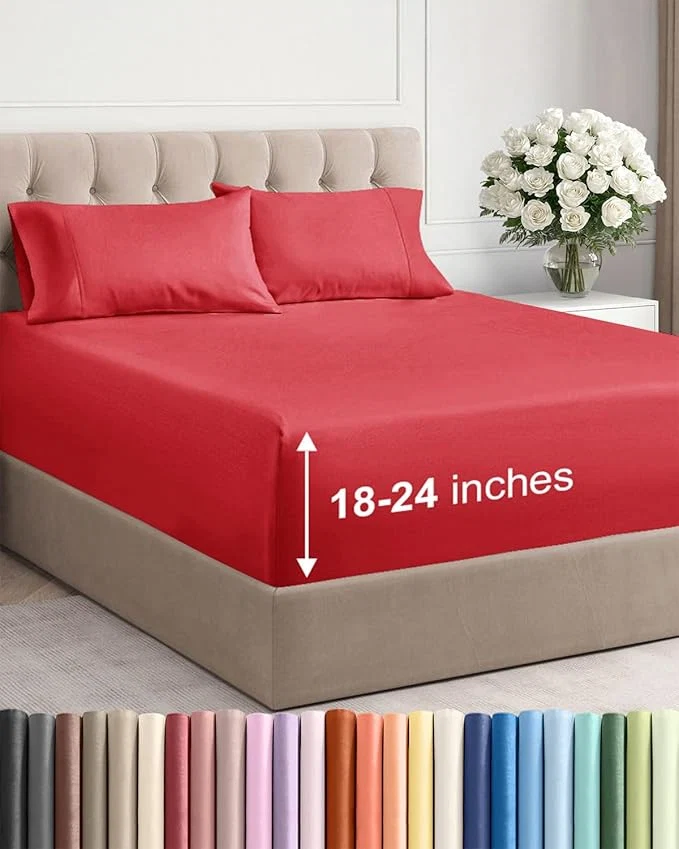 High-Performance Extra Deep Twin XL Sheet Set - 4 Piece Breathable and Cooling Sheets - Hotel Luxury Bedding for Women Men Kids amp Teens - Easy amp Secure Fit - Soft Wrinkle and Comfy - Extra Deep Pockets - Red Easy-to-Use