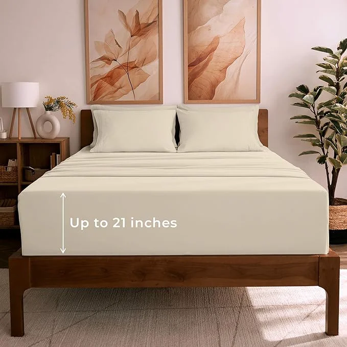 Fine Mellanni Full Sheet Set - 6-Piece Iconic Collection Bedding Including 4 Pillowcases 21-Inch Extra Deep Pocket Easy Care Ultra Soft Cooling Sheets Brushed Microfiber - Beige Green
