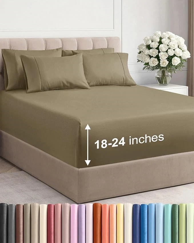 Classic Extra Deep King Sheet Set - 6 Piece Breathable and Cooling Sheets - Hotel Luxury Bedding for Women Men Kids amp Teens - Easy amp Secure Fit - Soft Wrinkle and Comfy - Extra Deep Pockets - Khaki Elegant