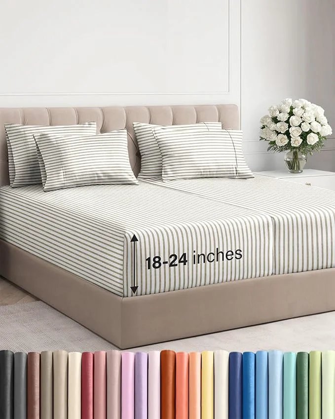 Lightweight Extra Deep Split King Sheet Set - 7 Piece Breathable and Cooling Sheets - Hotel Luxury Bedding for Women Men Kids amp Teens - Secure Fit - Soft and Wrinkle - Extra Deep Pockets - Beige Stripes Official
